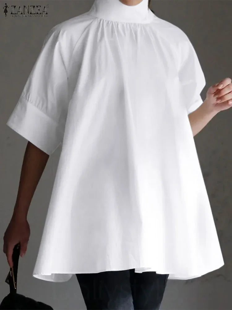 Mode solide plissierte Bluse Zanzea Overs ize Shirt Frauen elegante High Neck Halbarm Bluse Sommer Tops Arbeit Urlaub Blusas