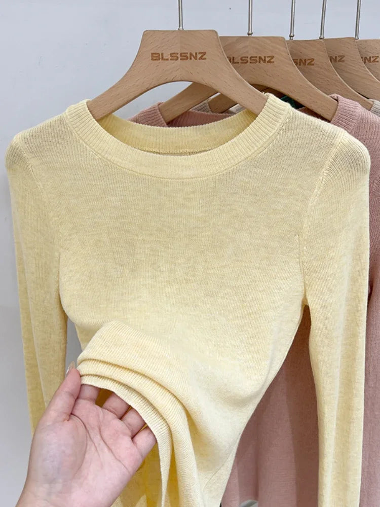 Frühling Grundlegende Oansatz Dünnes T-Shirt Frauen Solide Multi Farbe Alle-Spiel Trend Casual Top Schraube Stricken Langarm Elastische büro Dame
