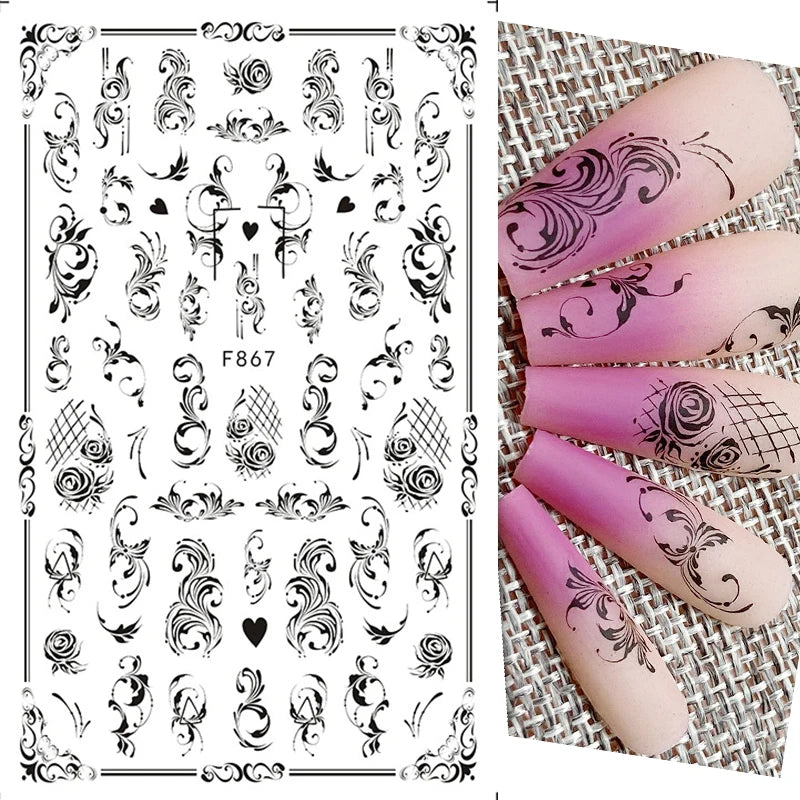 1PCS Schwarz Weiß Schmetterling Laser Nagel Aufkleber Y2K Nail art Dekoration Abstrakte Linien Bronzing Blumen Aufkleber Für Nägel