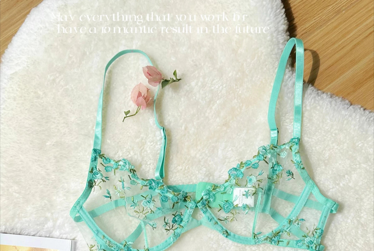 Kawaii japanisches Dessous-Set aus transparentem Tüll, rosa Blumenstickerei-BH, Bralette, reines passendes Set, BANERDANNI Tushy-BHs