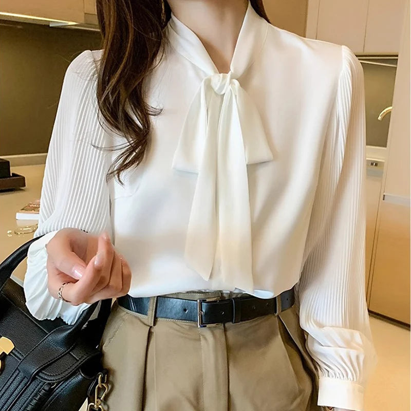 Neue Plissee Ärmel Chiffon Bluse Frauen Frühling Sommer Chic Design Bowknot Spitze-Up Langarm-shirt Einfache Professionelle Kleidung