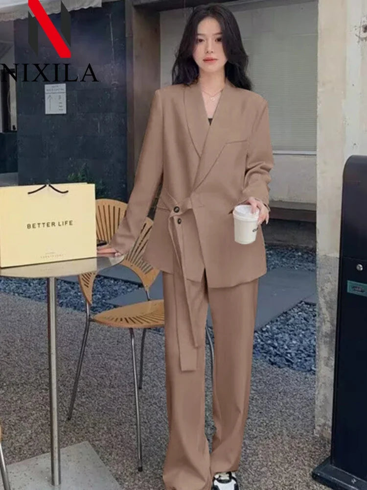 Frühling Herbst Damen Blazer-Hosen-Sets Mode Büro-Damen Lässige Weite Hosen Anzug-Set Damen Zweiteiler Damen-Outfits