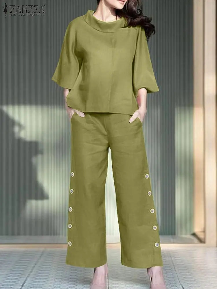 2 Stück Damen Hosen Sets Zanzea Sommer solide ol passende Sets o Hals 3/4 Ärmel Bluse weites Bein Hose lässig locker Arbeits anzug