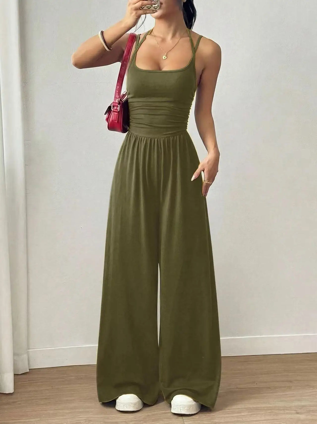 Damen Sommer Schwarz Lässiger Plissierter Lockerer Gerader Jumpsuit Ärmellos Hohe Taille Rückenfreier Overall Einfacher Trägeroverall