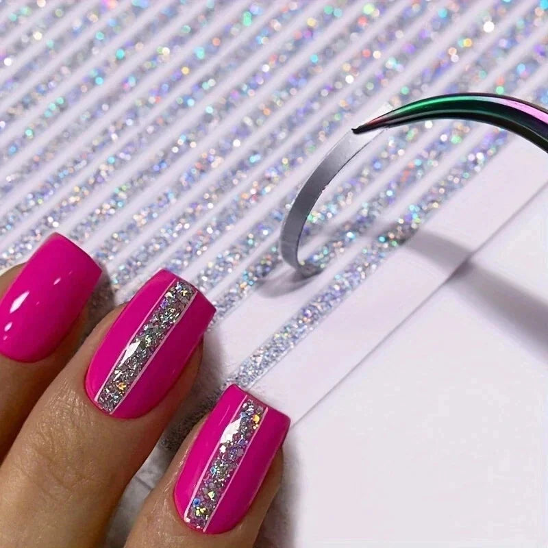 2 Stück 3D-Glitzerlinien-Nagelaufkleber, holografisch, golden, silbrig, schwarz, gerade Streifen, metallische Linien, Nägel, Schieber, Maniküre-Dekor