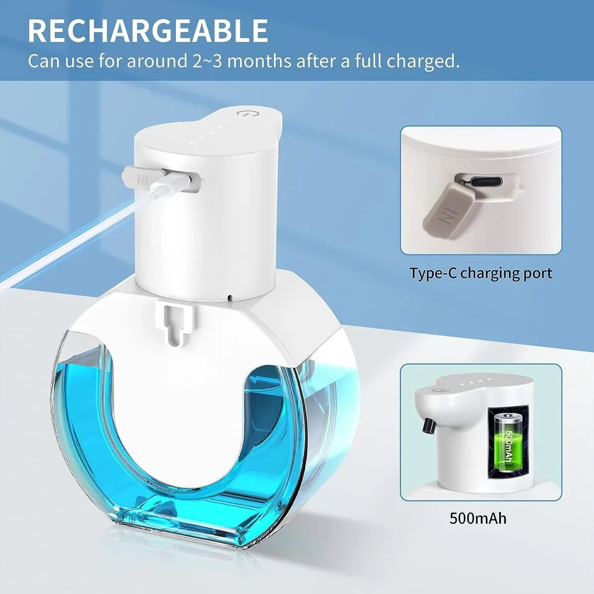 420ML P10 Seifenspender mit großer Kapazität, Lichtanzeige, für den Schreibtisch oder Wandmontage, wasserdicht, USB-wiederaufladbar, automatischer Smart-Sensor-Seifenspender.