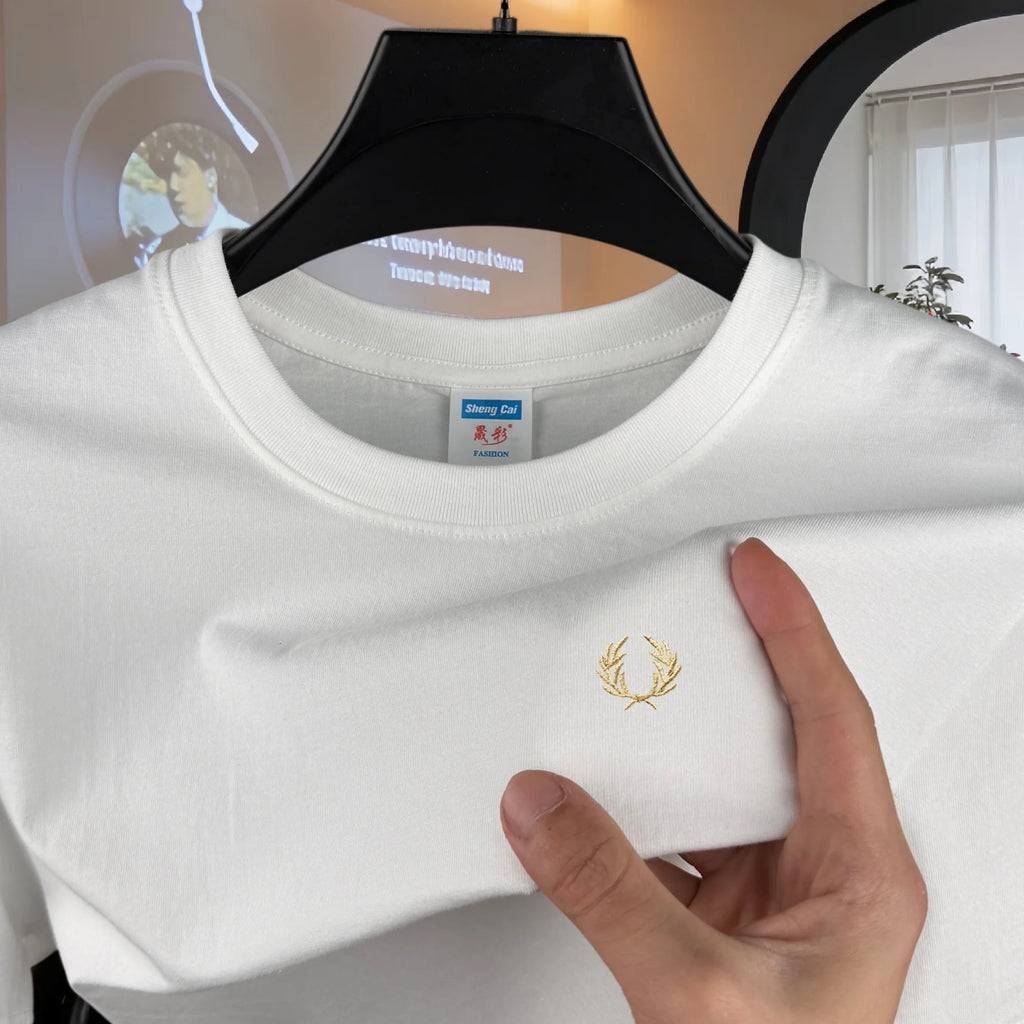 100% reine Baumwolle, hochwertiges Marken-Herren-T-Shirt mit Rundhalsausschnitt und kurzen Ärmeln, Sommermode, luxuriöses Weizen-Stickerei-Design, lässiges T-Shirt