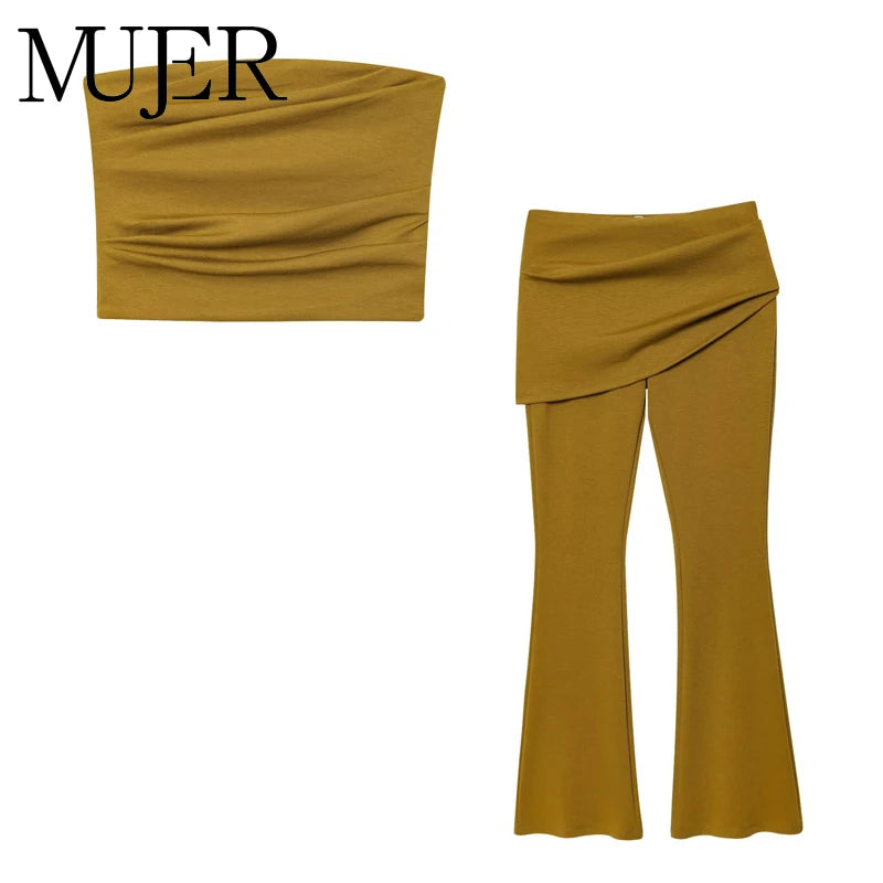 MUJER Schlaghosen-Sets für Damen, 2-teilig, gerüscht, hohe Taille, Damenhose, schulterfrei, bauchfreies Top, Damenhose, Damen-Outfits