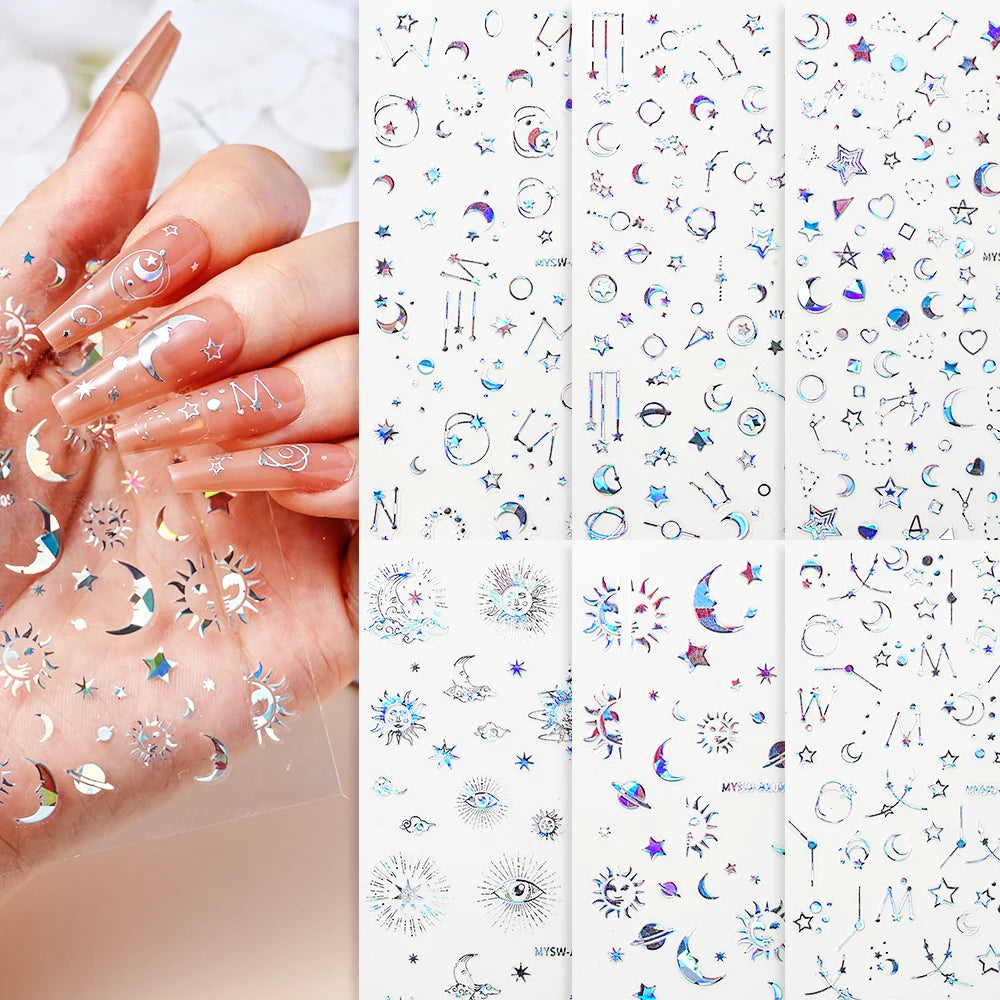 6 Stück 3D Blaue Herz-Nagelaufkleber Bronzierte Gold Silber Stern Mond Sonne Selbstklebende Slider Y2K Nagelkunst Abziehbilder Maniküre Dekoration