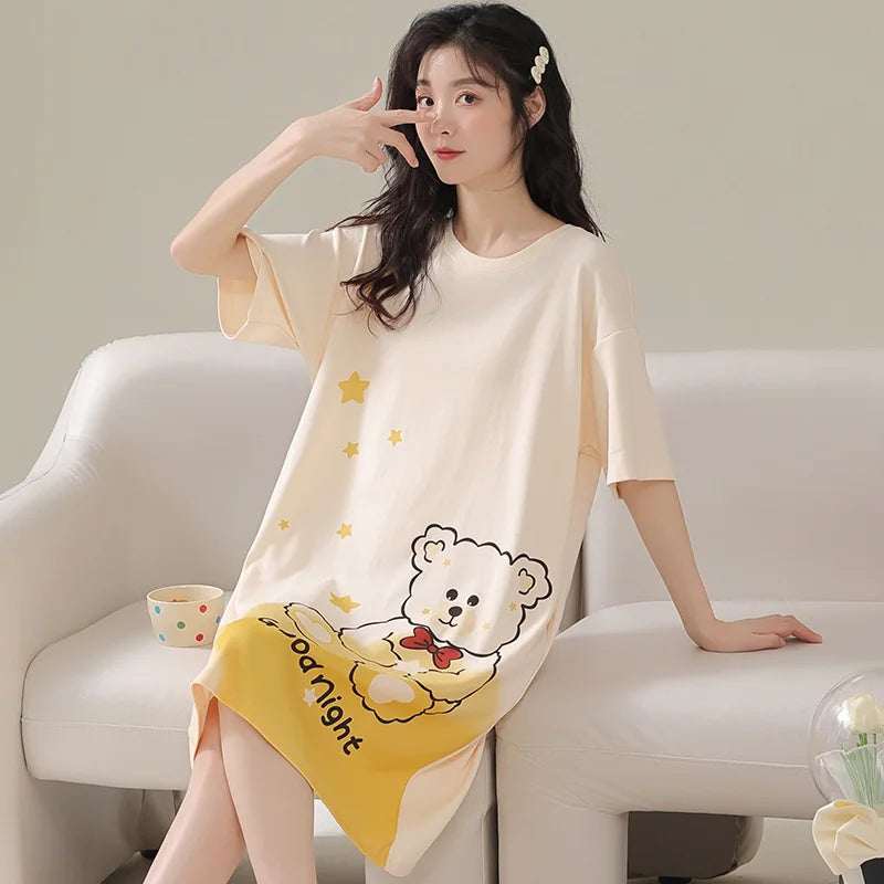 Frauen Große Größe Pyjamas Kurzarm Nachthemd Cartoon Bär 5xl Lange Student Robe Rabbitlong Rock Loungewear Mädchen Kleid