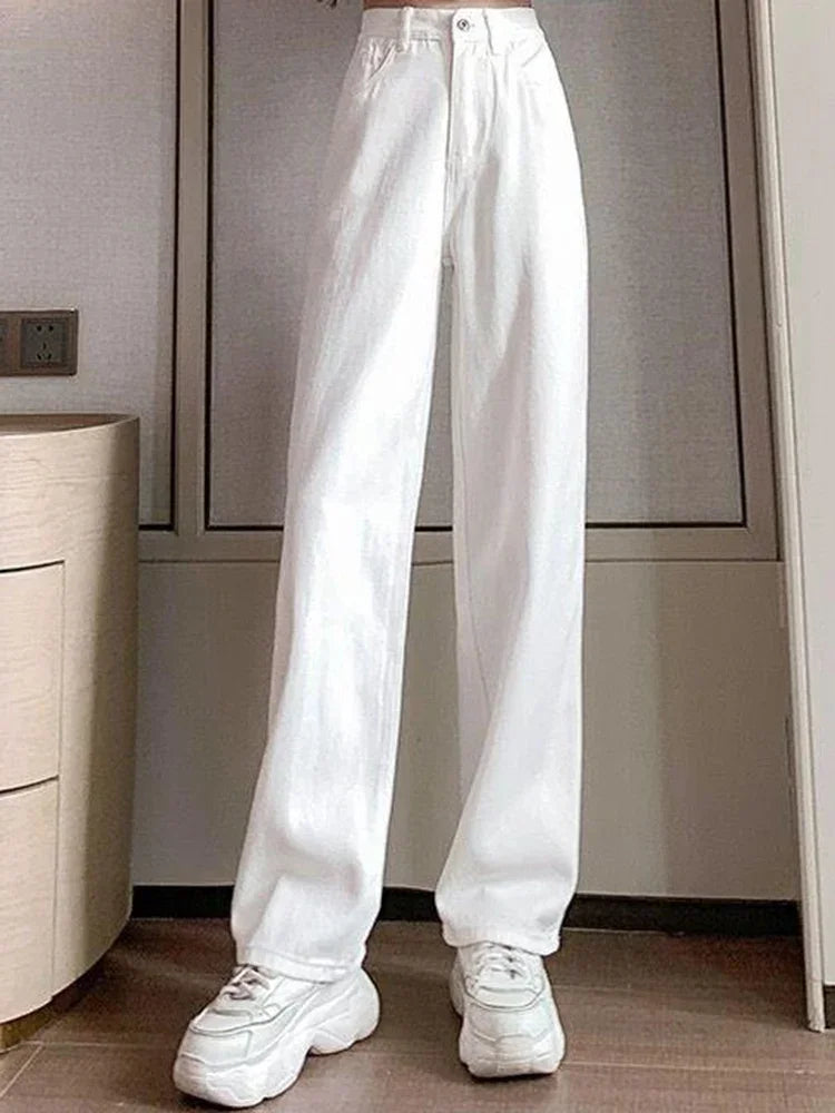 Frauen Frühling hohe Taille lose Jeans weites Bein Jeans Dame Straße koreanische Version Baggy Pants weiße Mode gerade Bein Hose