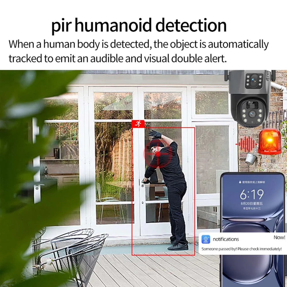 8MP 4K WiFi-Solarkamera, drahtlose Überwachungskamera für den Außenbereich, PIR-Personenerkennung, CCTV-Überwachungskameras, mit Solarpanel, PTZ-IP-Kamera mit zwei Objektiven, Sicherheitsschutz