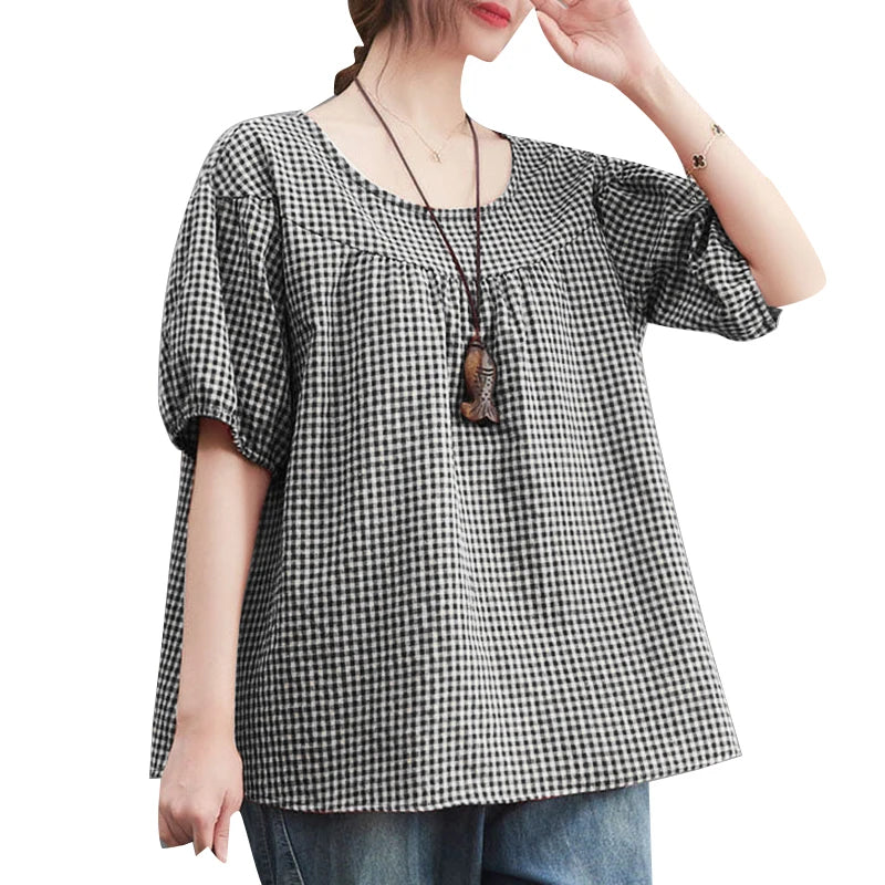 ZANZEA Sommer Vintage Frauen Casual Lose Hemd Baggy Plaid Kariert Tops Tunika Mode O Hals Kurzarm Bluse Blusas Chemise