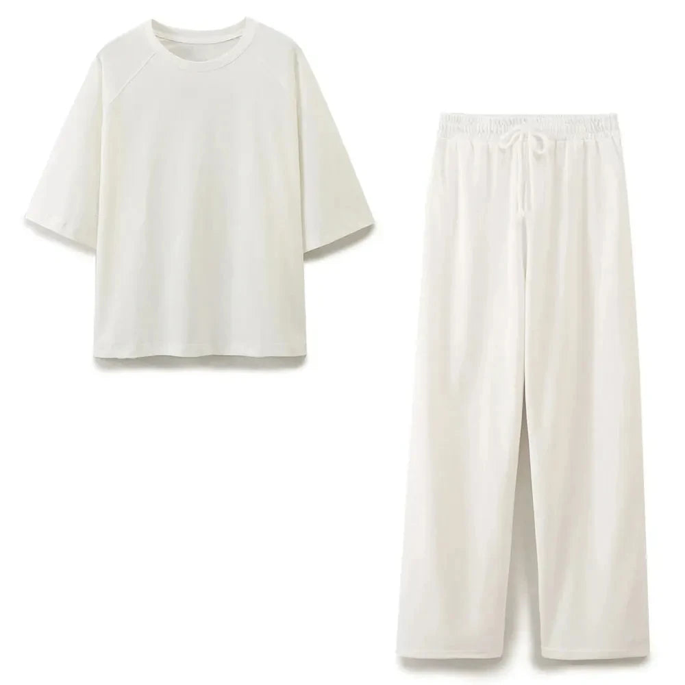 HH 2024 sommer Weibliche Feste Gemütliche Hosen Anzug Kurzen Ärmeln O Neck T-Shirt + Kordelzug Jogging Gerade Hosen Kausalen Straße set
