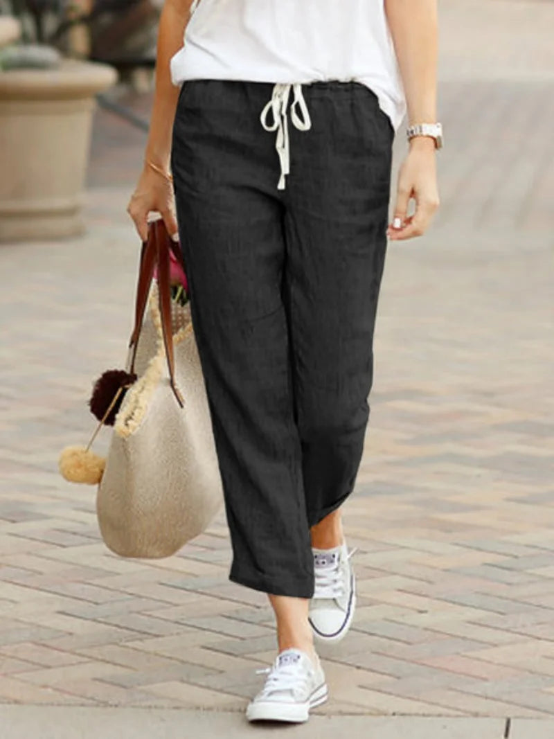 Elegante Feste Schlanke Hose Mode Frauen Kordelzug Abgeschnitten Elastische Taille Gerade Hosen Casual Büro Dame Kommunte Hosen