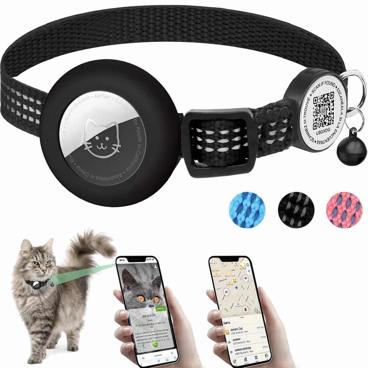 für AirTag GPS-Katzenhalsband mit QR-Tag, reflektierendes Apple-Tag-Haustierhalsband mit Air-Tag-Halter und Katzen-Tag, AIRTAG-Hülle, Kätzchenhalsband