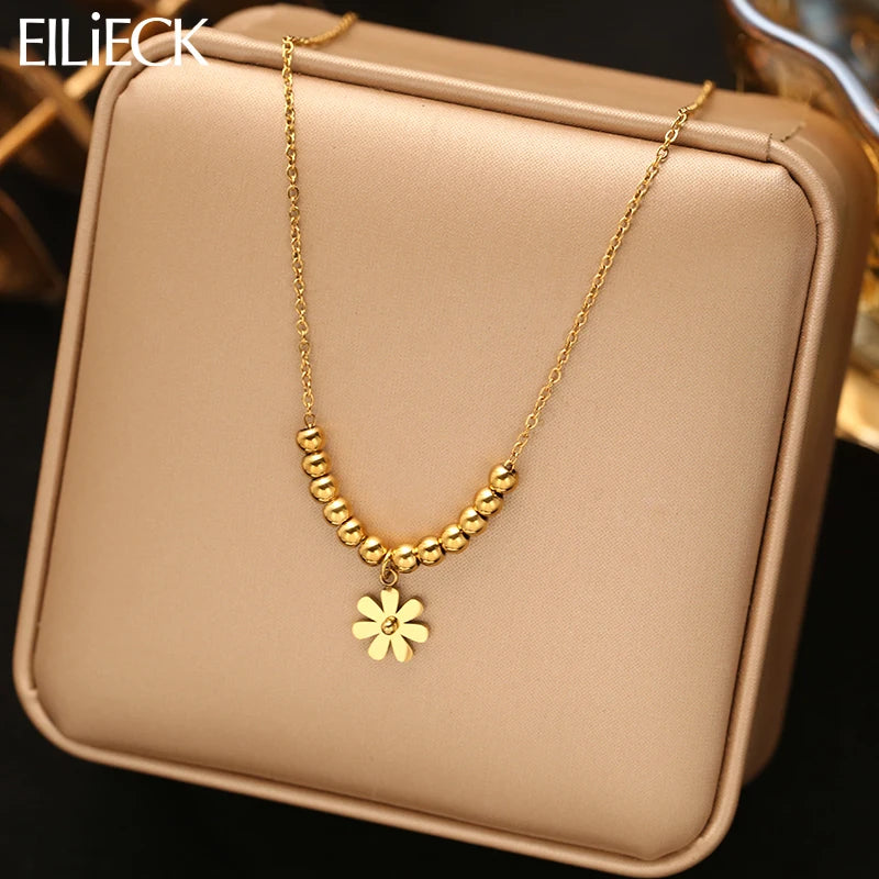 EILIECK 316L Edelstahl Goldfarbene Blumen-Anhänger-Halskette für Frauen, trendige Halskette, wasserdicht, Urlaubsschmuck, Geschenk