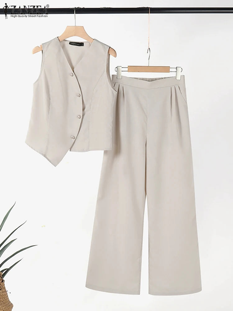 ZANZEA Koreanischen Stil Frauen Hose Sets Unregelmäßige Weste Tops Breite Bein Hosen Elegante Solide 2-Stück Sets Sommer Pendeln 2 stücke Outfits