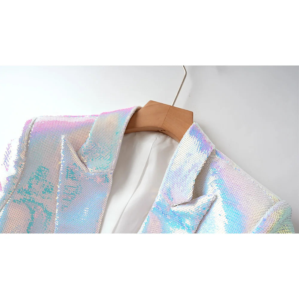 Party Abend Design Glänzende Bling 2PCS Weiß Blazer Shorts Anzüge Europäischen Amerikanischen Stil Pailletten Twin Sets Hohe Qualität