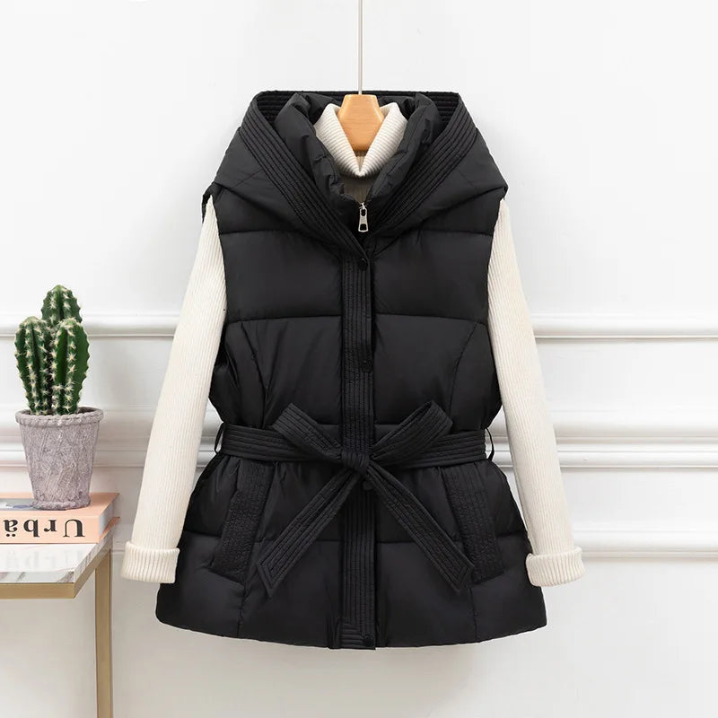Gesteppte Pufferweste für Damen, verdickt, warm, Winter-Kapuzenmantel, einfarbig, ärmellos, gepolstert, Oberbekleidung, abgeschnittener Mantel mit Knopf und Reißverschluss