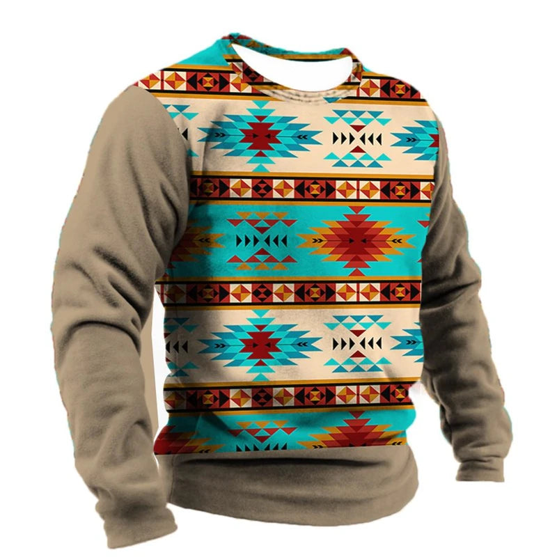 Vintage Ethnic Style Graphic Sweatshirts Spring Autumn Fashion Casual Long Sleeve 3D Printed Tops Loose Streetwear Mens Clothing