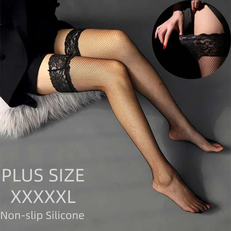 Übergroße Frau Sexy Spitze Top Silikon Stay Up Netzstrümpfe Plus Große Größe Frauen Ultra Dünne Sheer Lange Über Knie Socken XXXXL