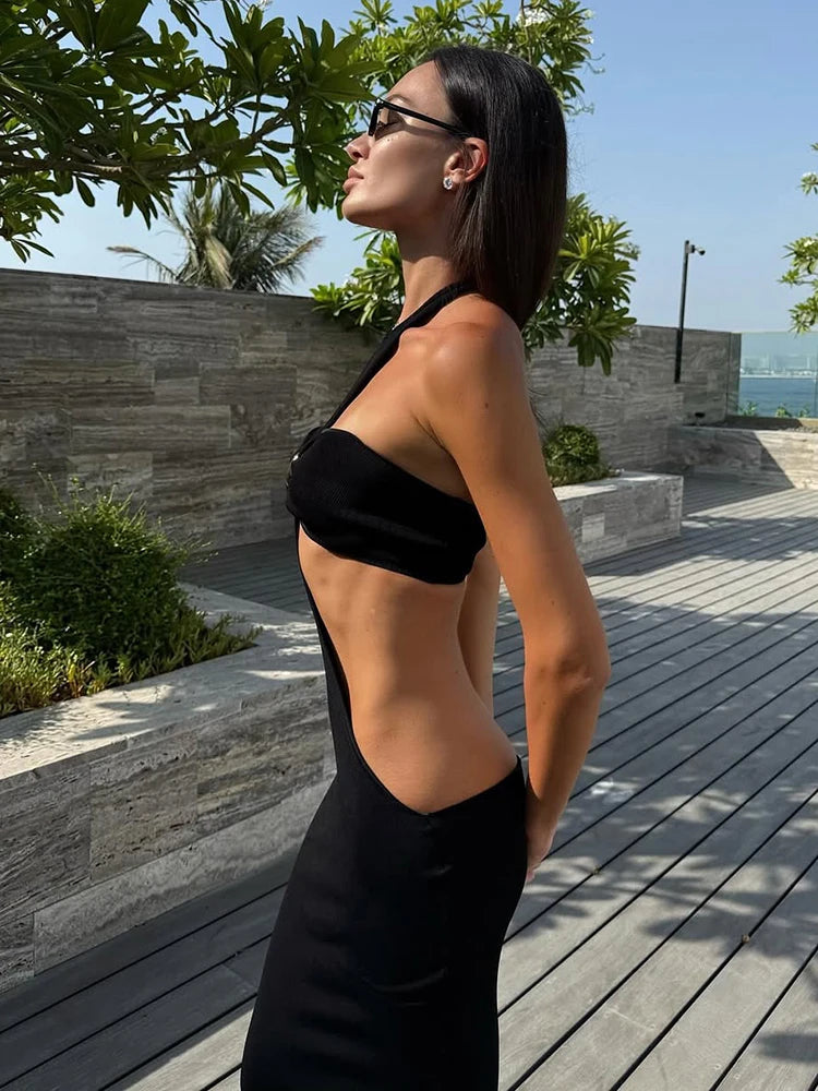 Nibber Hottie 2-teiliges Set Damen Brust gewickeltes Top + Neckholder rückenfrei Pfirsich Hüfte hoch geteiltes Kleid Sexy passendes Dating Slim Clubwear