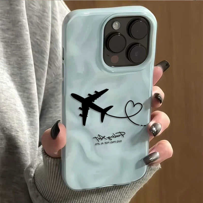 Trendige Flugzeug-Herz-Handyhülle für iPhone 17, 16, 11, 12, 13, 14, 15, Pro Max, Luftblau, Rosa, Gelb, stoßfeste, weiche Schutzhülle