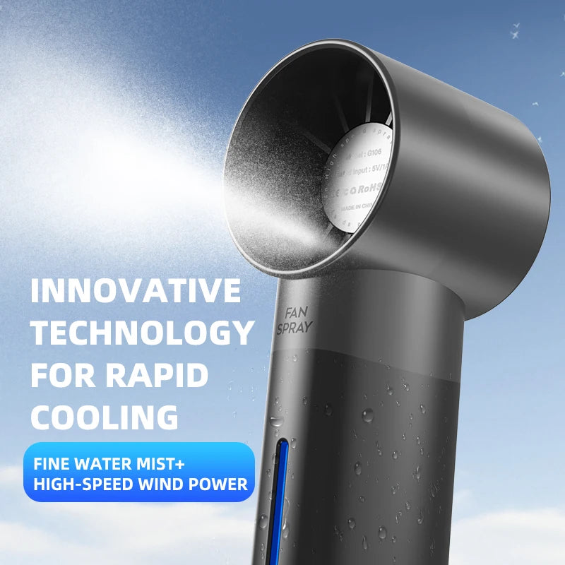Tragbarer Sommer-Luftbefeuchter-Ventilator, Mini-Ventilator mit 5 Windgeschwindigkeiten, USB-wiederaufladbarer Hand-Sprühventilator, Wassersprüh-Nebelventilator, Mini-Ventilator für den Außenbereich