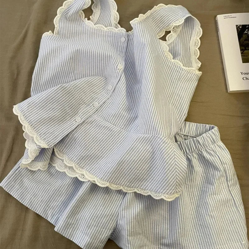 Gestreifte Frauen Pyjamas Sommer Nachtwäsche Ärmellose Shorts Sets 2 Stück Spitze Nacht Trägt Tank Koreanische Schlafen Hause Anzug 2025 Neue