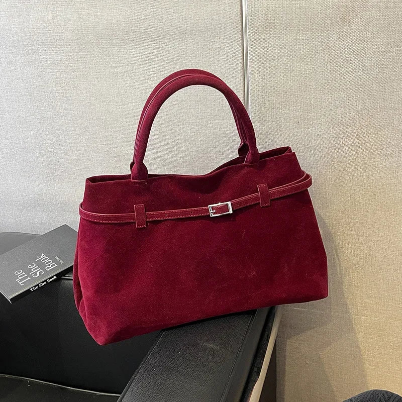 Damentasche mit Schnalle, dekoratives Design, solide Einkaufstasche aus Wildlederimitat, große Kapazität, Haspe, lässige Tragetasche, 2025, heißer Verkauf, Taschen für Damen