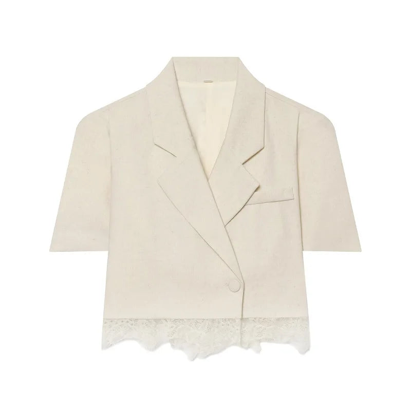 MUJER Spitzen-Damenblazer Anzug Kurzarm Casual Blazer Damen Sommer Crop-Blazer Damen Streetwear Mäntel Sets Damen 2-teilig