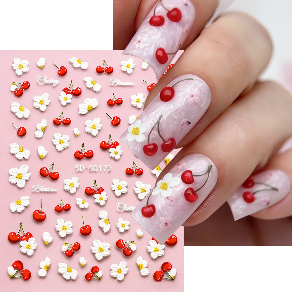 1 Stück 5D Kirschblüten-Nagelaufkleber, Niedliche 3D Rote Kirsche Weiße Blume Selbstklebende Nagelkunst-Sticker, Sommer DIY Maniküre-Dekoration