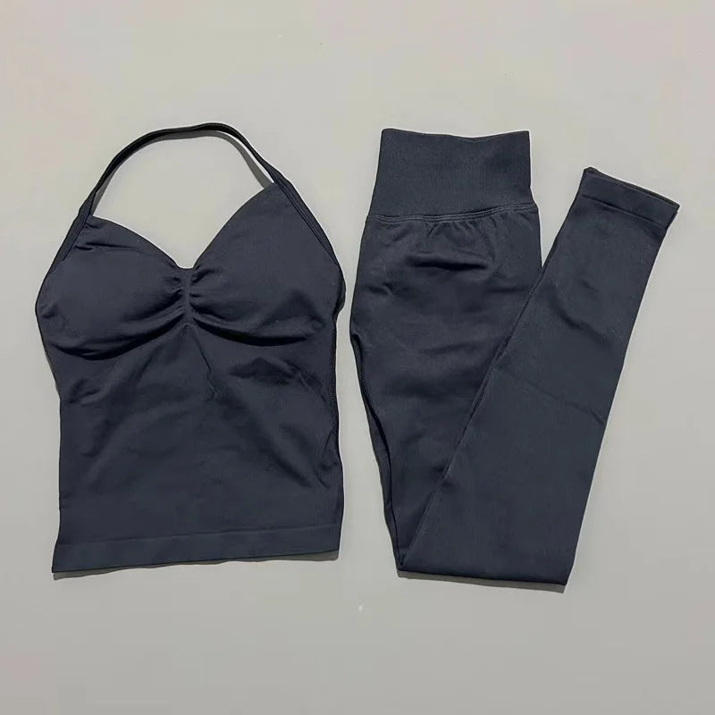 HISTELLO Gym-Leggings-Set, 2-teilig, für Damen, Yoga, lang, mit Trägern, nahtlos, Fitness-Kleidung, Laufen, Workout, Sport-Tops, Outfit