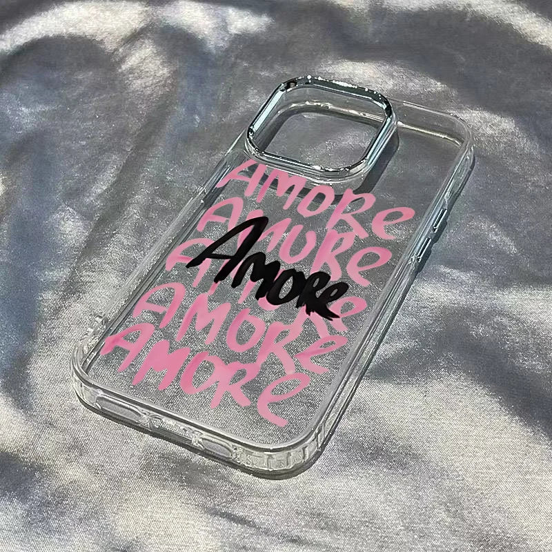 AMORE Rosa Text Silber Linsenrahmen Transparente Handyhülle für iPhone 17 16 11 12 13 14 15 Pro Max XS X XR 7 8 Plus 16E Air Cover