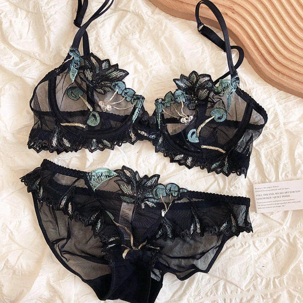 Eleganter Kirschblüten-Stickerei-Spitzen-Bügel-BH, ultradünn, Minimizer, stützend, Anti-Sagging, seitlich glättend für große Brüste, Größen 32-38, Set