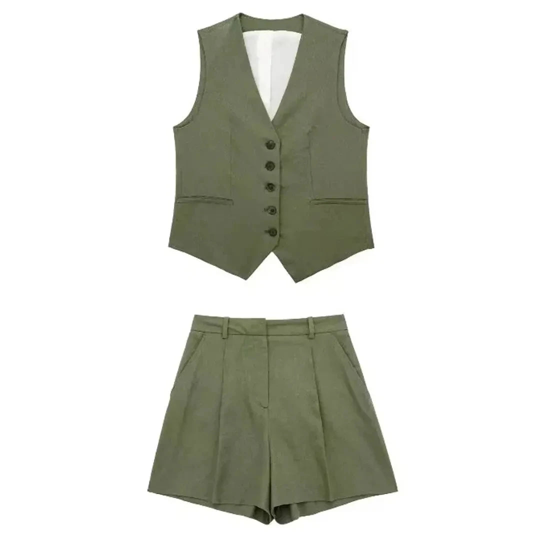 HH 2024 Frauen Mode Rote Weste Shorts Sets Einreiher V-ausschnitt Westen Tops Zipper Fly Hose Frau Sommer Casual solide Anzug