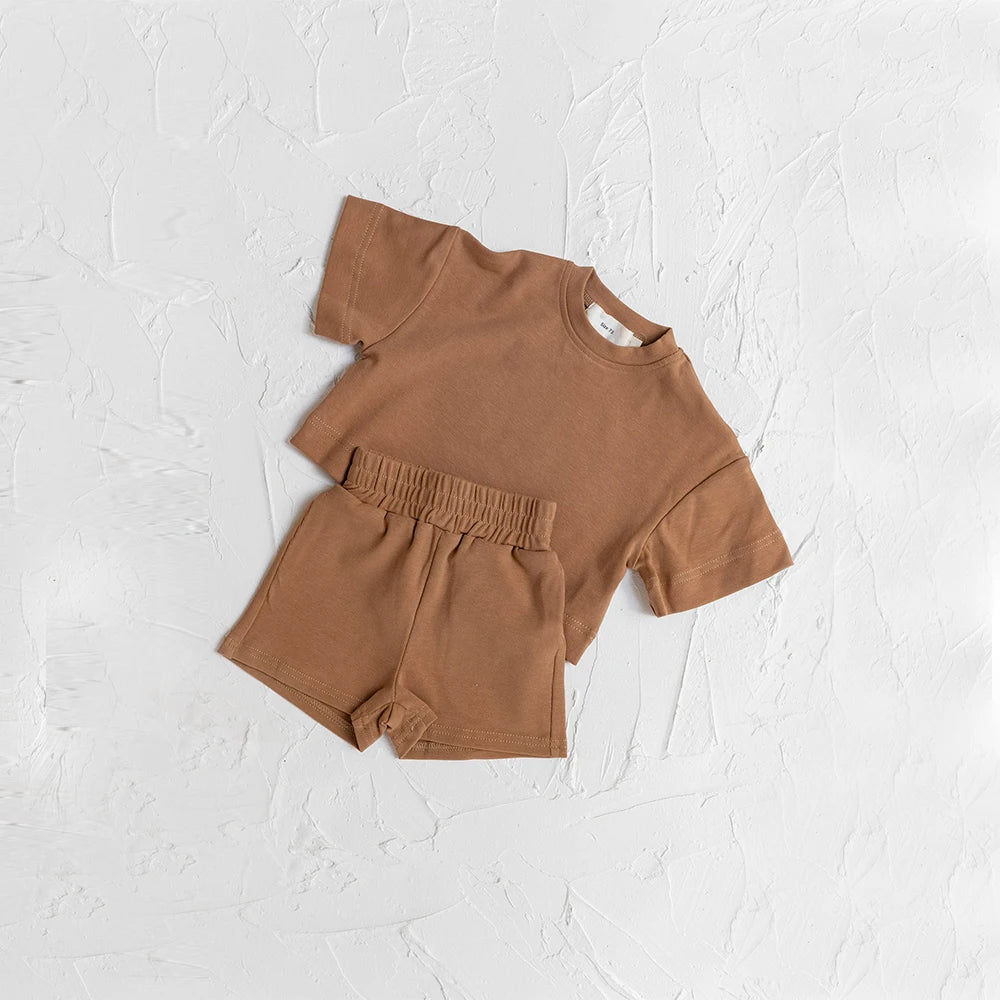 Sommer Baby Casual Kleidung Set Kinder Weiche Einfarbig Casual Kurzarm T Shirt + Shorts Kinder Mädchen Jungen Outfits mädchen Kleidung
