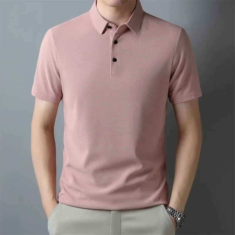 Neues lässiges Waffel-Kurzarm-Poloshirt für Herren, modisches einfarbiges Oberteil
