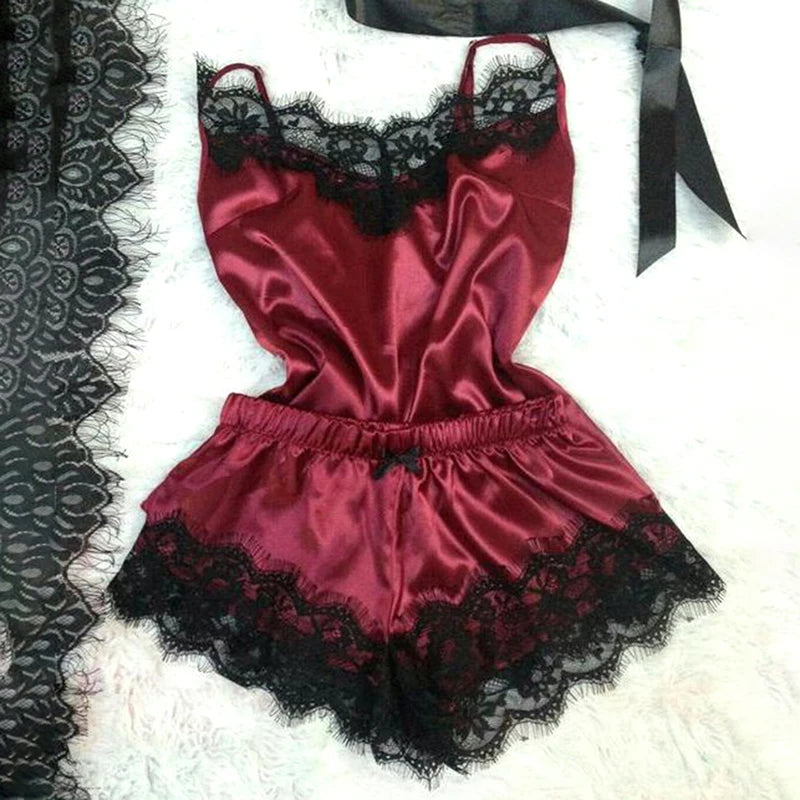 Mode Nachtwäsche Spitzen besatz Satin Cami Top Pyjama Sets sexy heiße erotische Home Wear Frauen Pyjamas Frauen Nachtwäsche ärmellosen Riemen