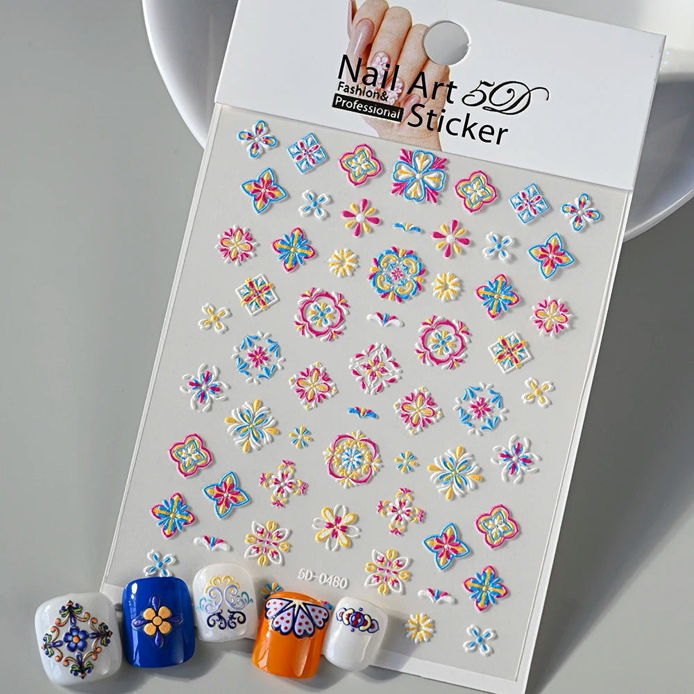 1 Stück 5D weiche geprägte farbige böhmische Nail Art Aufkleber abstraktes Design Retro blau gelbe Blume Nagelaufkleber DIY Nageldekoration