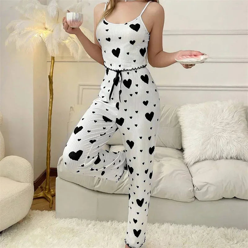 Frauen Nachtwäsche Herbst Winter Pyjamas Sets Herz Druck Ärmellose Cami Weste mit Lange Hosen Hosen Set Sexy Dessous Pyjamas