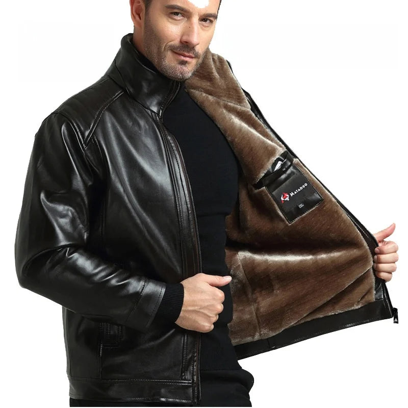 Verdickte Fleece Gefüttert Stehkragen Casual Leder Jacke männer PU Leder Pelz Integrierte Herbst Winter Neue Stil Modische