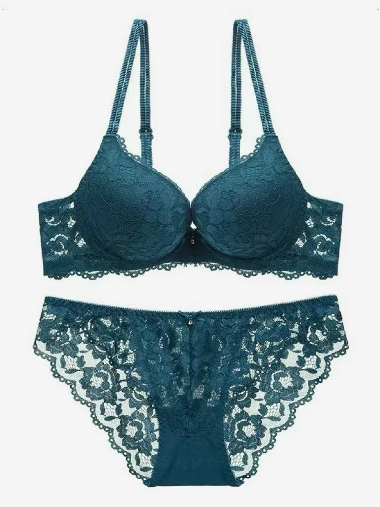 Sexy Spitzen-Blumen-Damenunterwäsche-Set mit Doppelträgern, Push-Up BH und Transparenten Sexy Slips