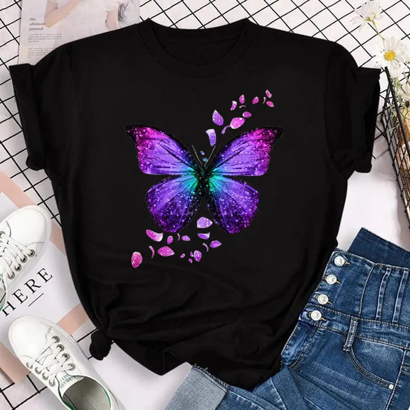 Neue blaue Schmetterling Blumen gedruckt T-Shirt Frauen Sommer lässig Kurzarm O-Ausschnitt Tops 90er Jahre Mode Grafik weibliche Tops T-Shirts