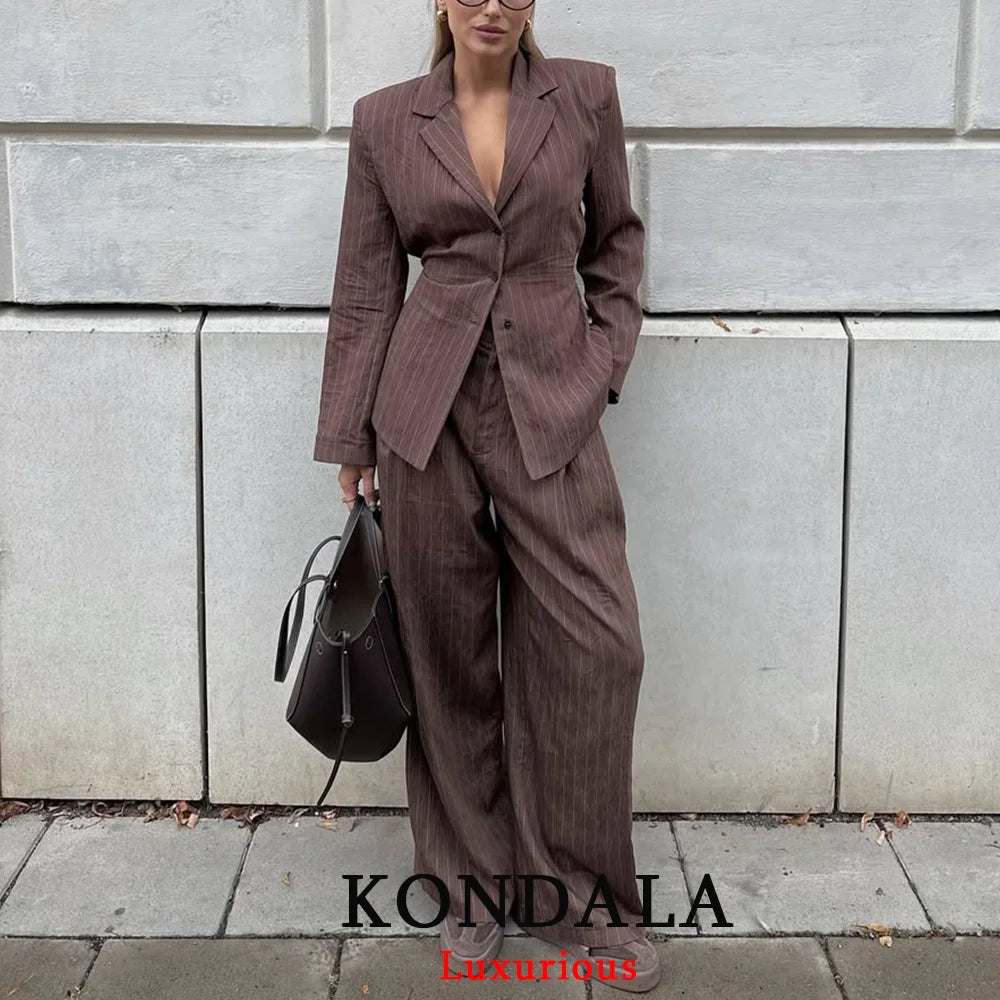 KONDALA Bürodame, schicke braune Anzüge, V-Ausschnitt, gestreift, lockerer Blazer, hohe Taille, weites Bein, Hosen, Mode, 2025, Herbst, lässige Damenanzüge