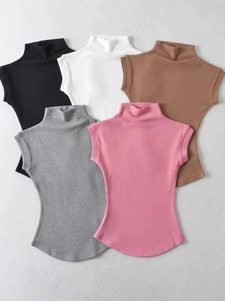 Frauen Sommer Sexy Rollkragen Ärmellose T-Shirts Tops Solide Slim Fit Pullover Casual Tees Shirts Weibliche Streetwear Grundlagen Tees