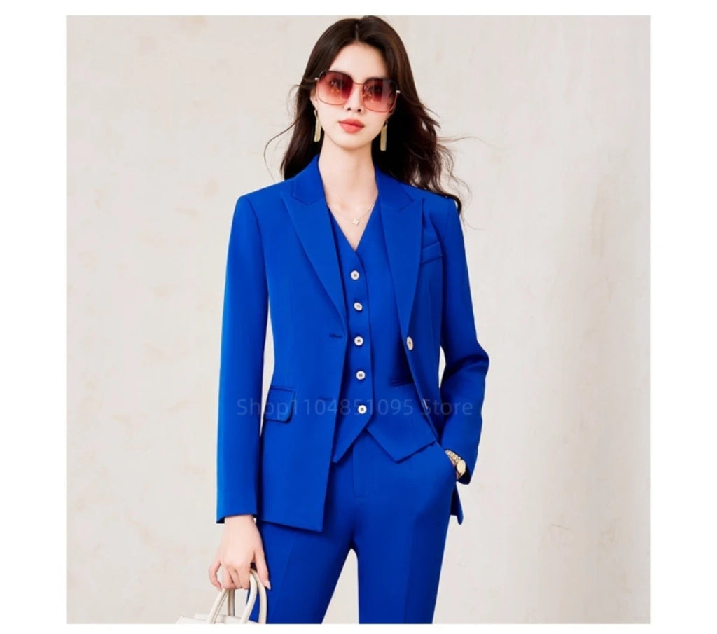 Modischer königsblauer Damen-Blazeranzug im 3-teiligen Set mit Weste und hochtaillierter Hose, langärmlig, einfarbig, Bürokleidung, Damen-Outfit