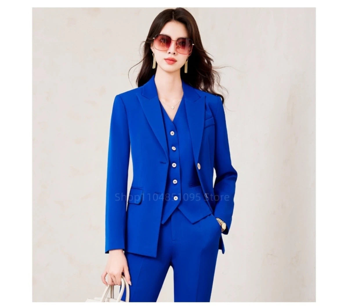Modischer königsblauer Damen-Blazeranzug im 3-teiligen Set mit Weste und hochtaillierter Hose, langärmlig, einfarbig, Bürokleidung, Damen-Outfit