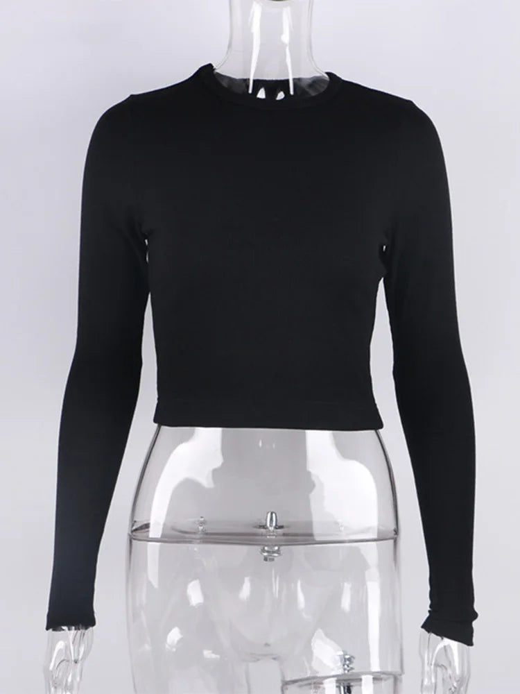 O-Ausschnitt Langarm-Shirt für Damen, gerippt, sexy, abgeschnittene Tops, 2022, Frühling, Schwarz, lässig, dünn, Basic, Damen-T-Shirts, Weiß